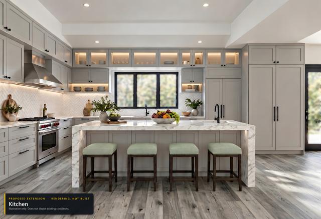Proposed extension: Kitchen. Rendering, not built. Illustrative only.