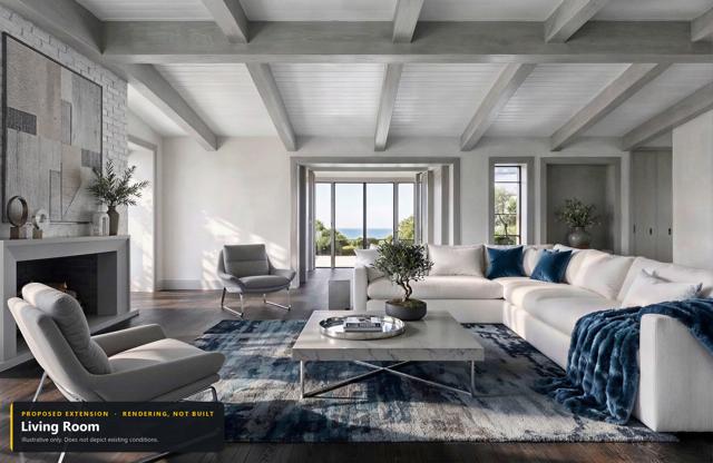 Proposed extension: Living room (view 2). Rendering, not built. Illustrative only.