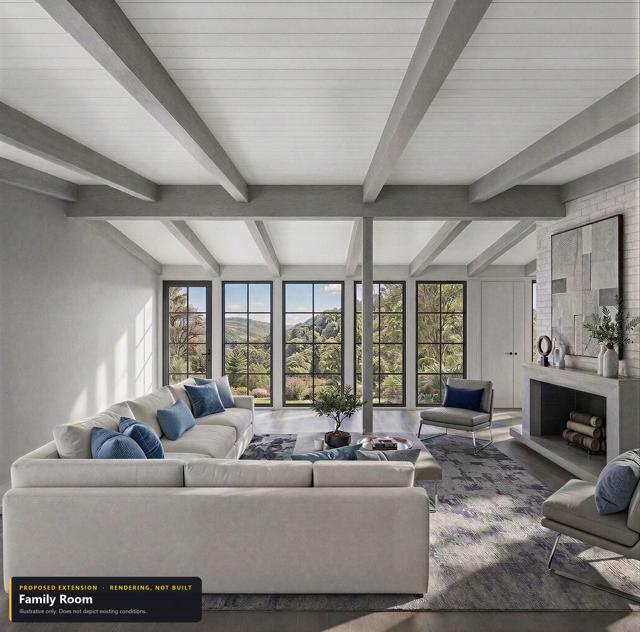 Proposed extension: Family room. Rendering, not built. Illustrative only.