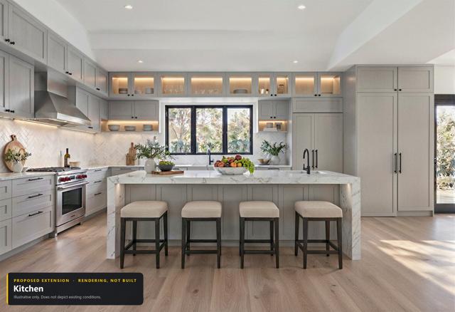 Proposed extension: Kitchen (view 2). Rendering, not built. Illustrative only.