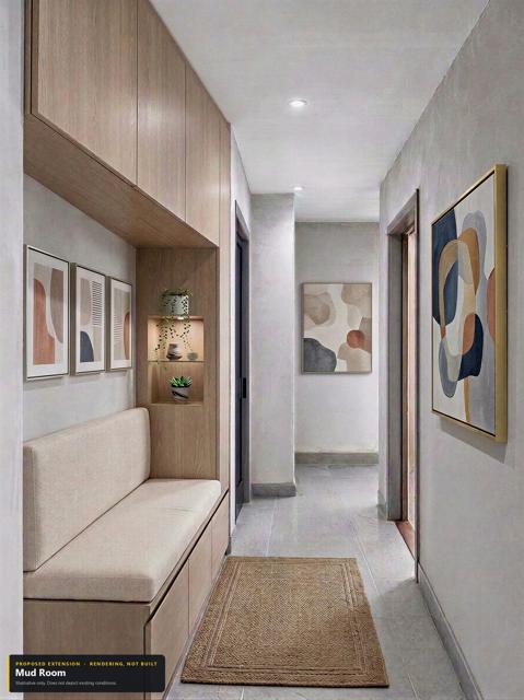 Proposed extension: Mud room. Rendering, not built. Illustrative only.