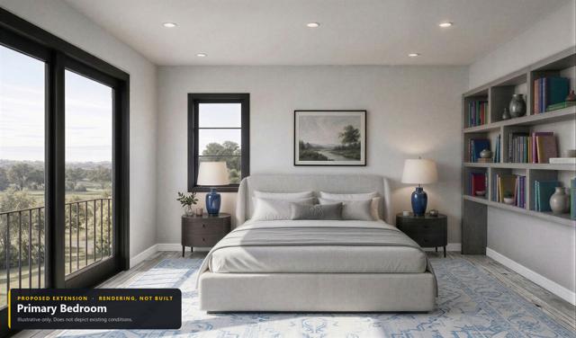 Proposed extension: Primary bedroom (view 2). Rendering, not built. Illustrative only.
