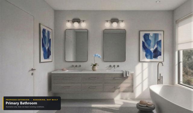 Proposed extension: Primary bathroom (view 2). Rendering, not built. Illustrative only.