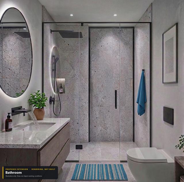 Proposed extension: Bathroom a. Rendering, not built. Illustrative only.