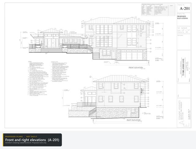 Architect's plans: Front and right elevations A-201